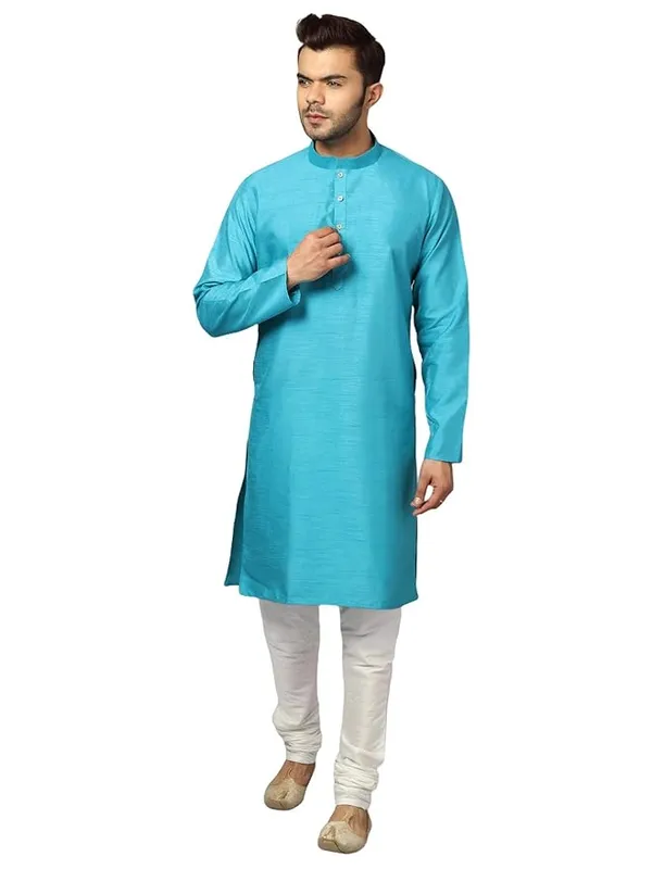 Arctic_Blue_&_White_Banarasi_Dupion_Silk_Solid_Kurta_Churidar_Pyjama_Set_For_Men