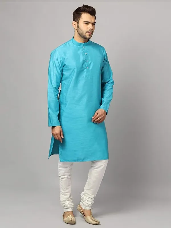 Arctic_Blue_&_White_Banarasi_Dupion_Silk_Solid_Kurta_Churidar_Pyjama_Set_For_Men