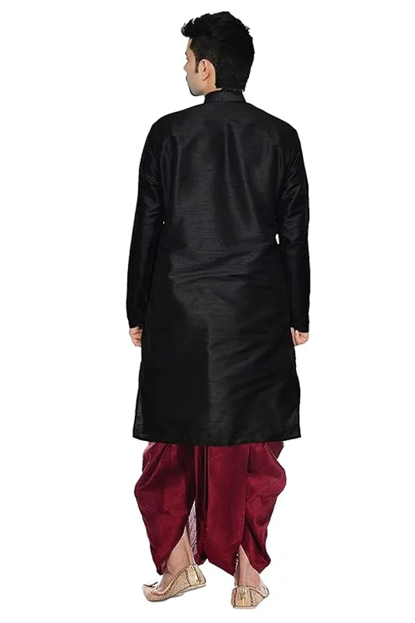 Solid_Black_Dupion_Silk_Readymade_Dhoti_Kurta_Set_For_Men