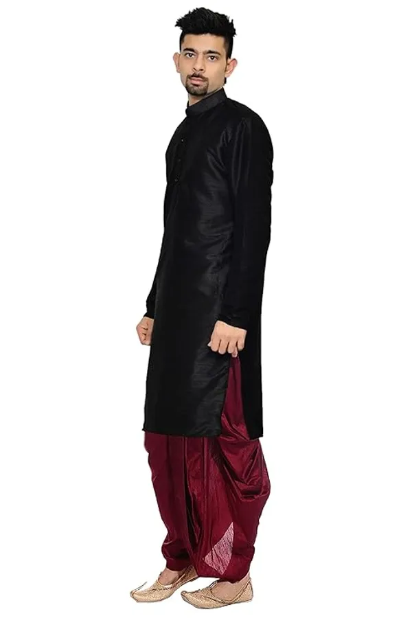 Solid_Black_Dupion_Silk_Readymade_Dhoti_Kurta_Set_For_Men