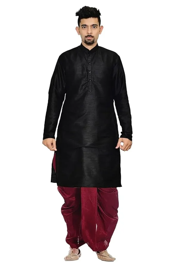 Solid_Black_Dupion_Silk_Readymade_Dhoti_Kurta_Set_For_Men
