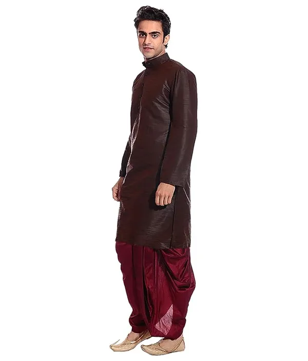 Saddle_Brown_Dupion_Silk_Readymade_Dhoti_Kurta_Set_For_Men