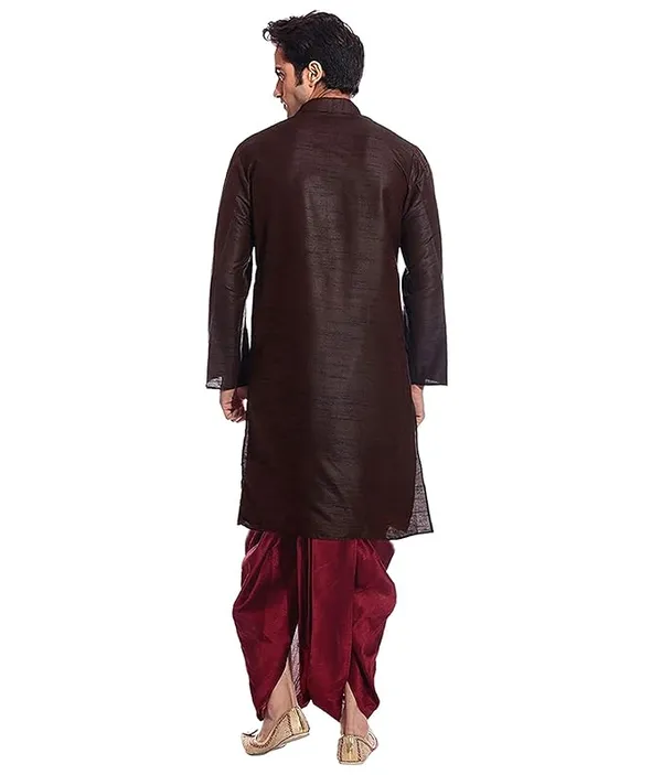 Saddle_Brown_Dupion_Silk_Readymade_Dhoti_Kurta_Set_For_Men