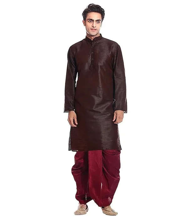 Saddle_Brown_Dupion_Silk_Readymade_Dhoti_Kurta_Set_For_Men