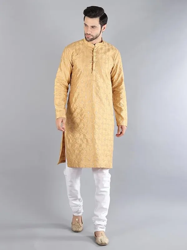 Khaki_&_White_Embroidery_Silk_Kurta_Pyjama_Set_For_Men