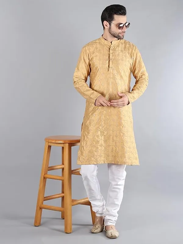 Khaki_&_White_Embroidery_Silk_Kurta_Pyjama_Set_For_Men