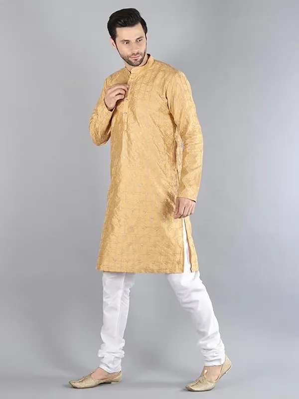 Khaki_&_White_Embroidery_Silk_Kurta_Pyjama_Set_For_Men