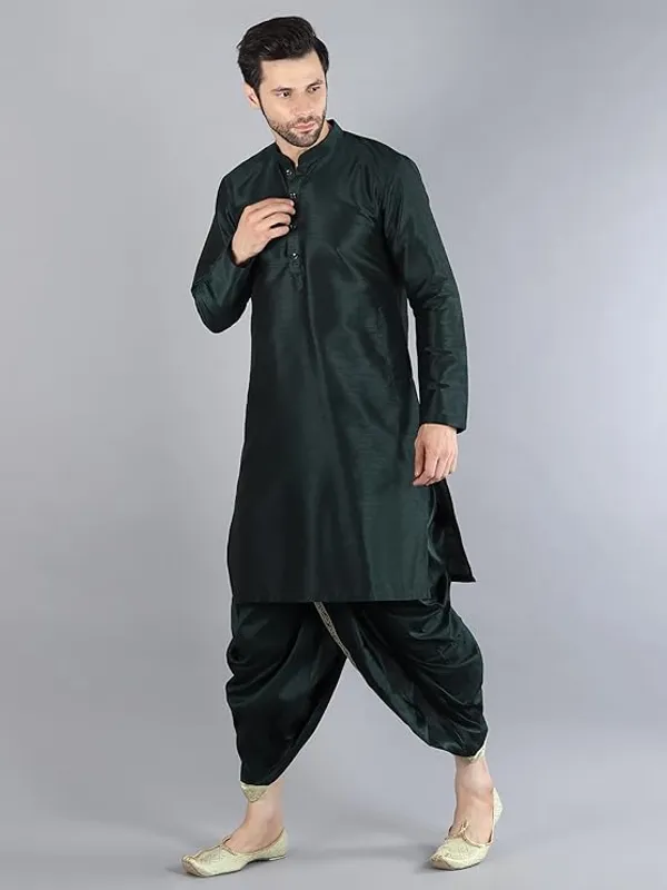 Bottle_Green_Dupion_Silk_Readymade_Dhoti_Kurta_Set_For_Men