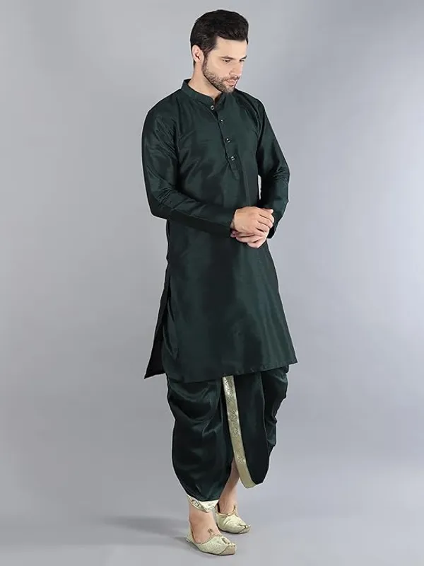 Bottle_Green_Dupion_Silk_Readymade_Dhoti_Kurta_Set_For_Men