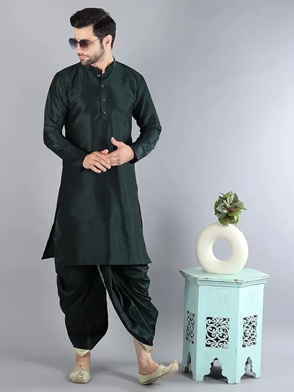 Bottle_Green_Dupion_Silk_Readymade_Dhoti_Kurta_Set_For_Men