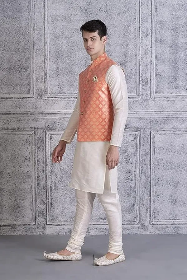 Cream_&_Orange_Silk_Blend_Kurta_Pajama_With_Designer_Ethnic_Nehru_Jacket_For_Men