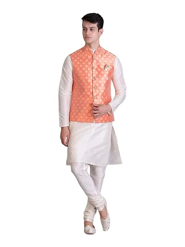 Cream_&_Orange_Silk_Blend_Kurta_Pajama_With_Designer_Ethnic_Nehru_Jacket_For_Men