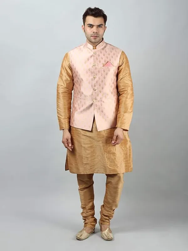 Khaki_&_Rose_Pink_Silk_Blend_Kurta_Pajama_With_Designer_Ethnic_Nehru_Jacket_For_Men