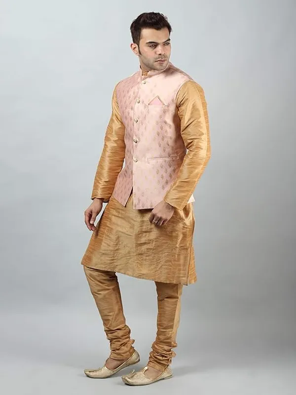 Khaki_&_Rose_Pink_Silk_Blend_Kurta_Pajama_With_Designer_Ethnic_Nehru_Jacket_For_Men