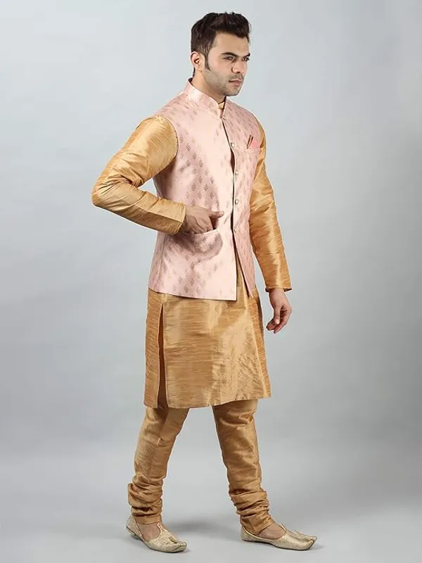 Khaki_&_Rose_Pink_Silk_Blend_Kurta_Pajama_With_Designer_Ethnic_Nehru_Jacket_For_Men