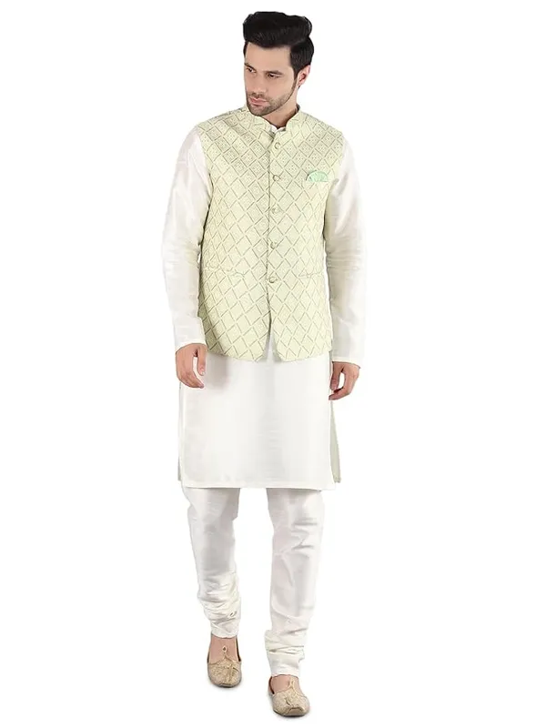 Cream_&_Pista_Green_Silk_Blend_Kurta_Pajama_With_Designer_Ethnic_Nehru_Jacket_For_Men