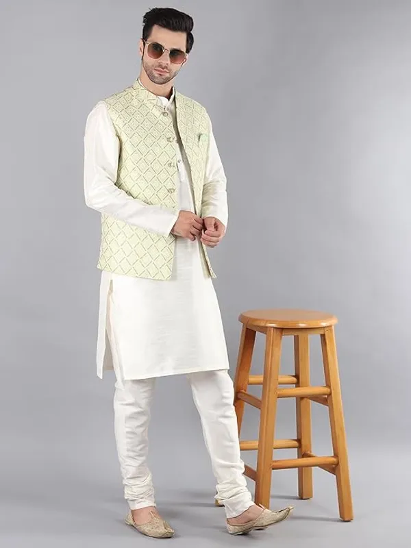 Cream_&_Pista_Green_Silk_Blend_Kurta_Pajama_With_Designer_Ethnic_Nehru_Jacket_For_Men