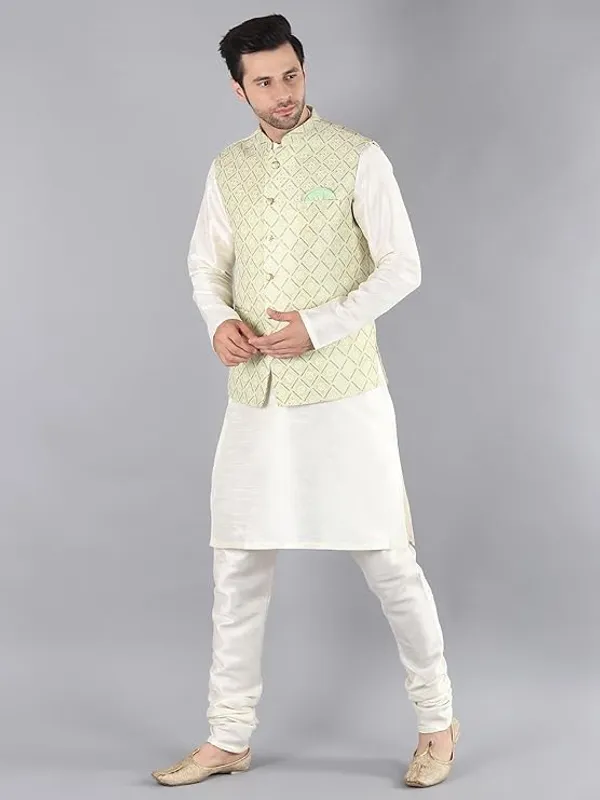 Cream_&_Pista_Green_Silk_Blend_Kurta_Pajama_With_Designer_Ethnic_Nehru_Jacket_For_Men