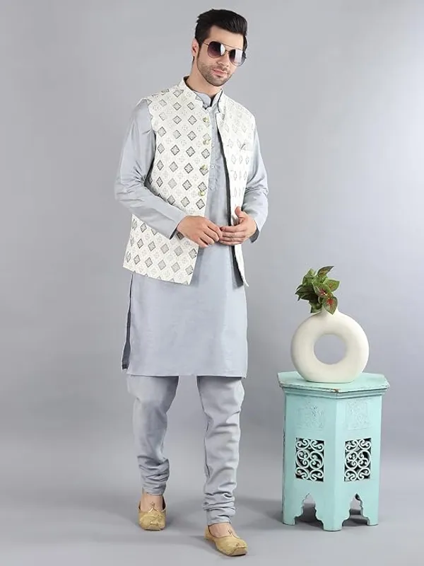 Grey_Silk_Blend_Kurta_Pajama_With_Designer_Ethnic_Nehru_Jacket_For_Men