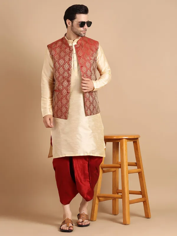 Golden_&_Maroon_Kurta_Dhoti_With_Waistcoat_Jacket_For_Men
