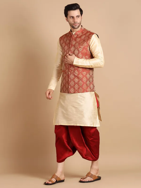 Golden_&_Maroon_Kurta_Dhoti_With_Waistcoat_Jacket_For_Men
