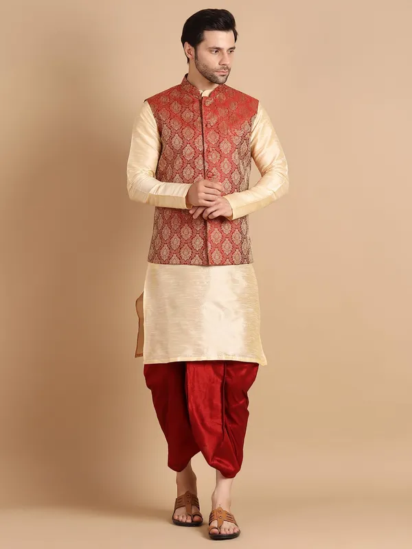 Golden_&_Maroon_Kurta_Dhoti_With_Waistcoat_Jacket_For_Men