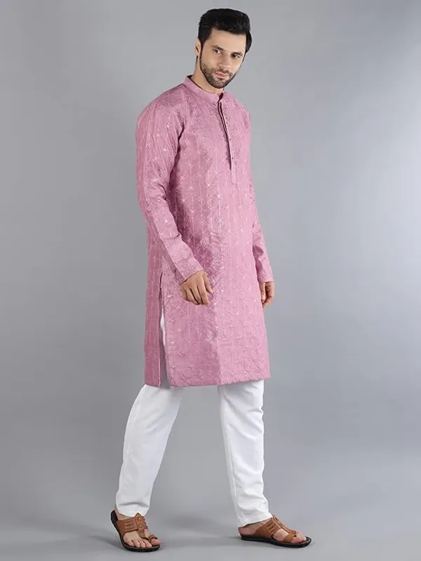 Purple_&_White_Embroidery_Silk_Kurta_Pyjama_Set_For_Men