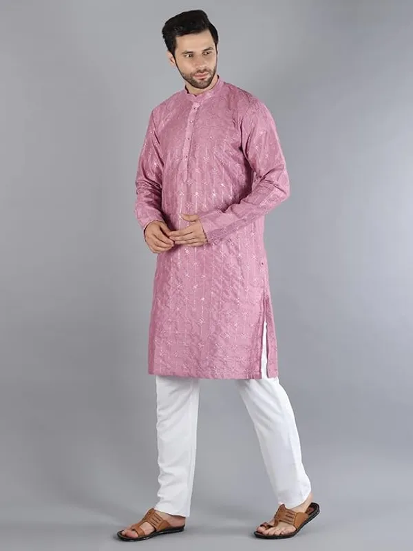 Purple_&_White_Embroidery_Silk_Kurta_Pyjama_Set_For_Men
