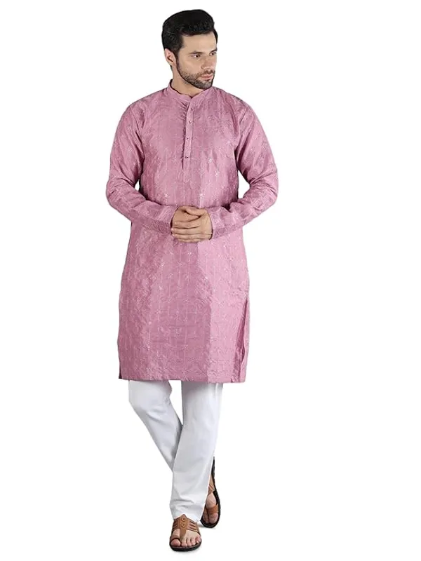 Purple_&_White_Embroidery_Silk_Kurta_Pyjama_Set_For_Men