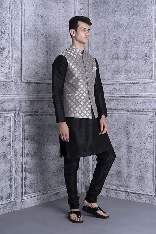 Black_&_Grey_Silk_Blend_Kurta_Pajama_With_Designer_Ethnic_Nehru_Jacket_For_Men