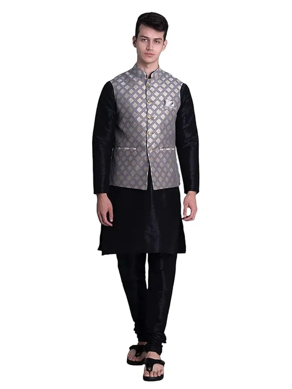 Black_&_Grey_Silk_Blend_Kurta_Pajama_With_Designer_Ethnic_Nehru_Jacket_For_Men