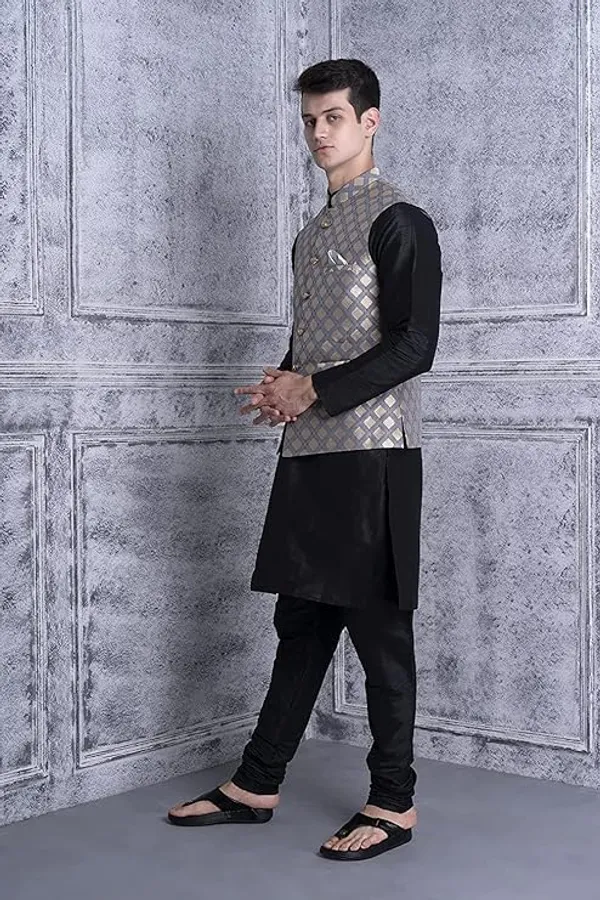 Black_&_Grey_Silk_Blend_Kurta_Pajama_With_Designer_Ethnic_Nehru_Jacket_For_Men