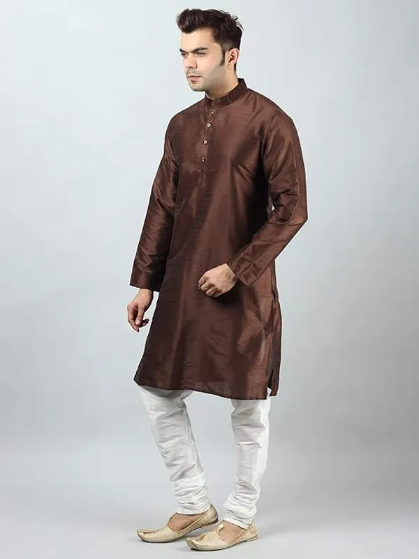 Brown_White_Banarasi_Dupion_Silk_Solid_Kurta_Churidar_Pyjama_Set_For_Men