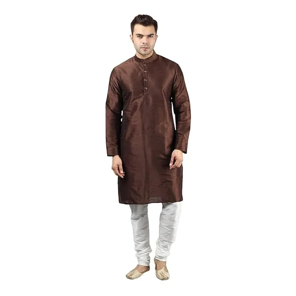 Brown_White_Banarasi_Dupion_Silk_Solid_Kurta_Churidar_Pyjama_Set_For_Men