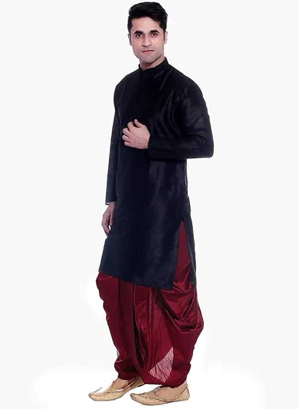 Black_Dupion_Silk_Readymade_Dhoti_Kurta_Set_For_Men