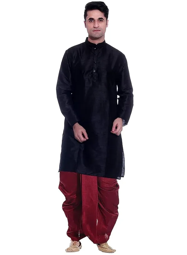 Black_Dupion_Silk_Readymade_Dhoti_Kurta_Set_For_Men