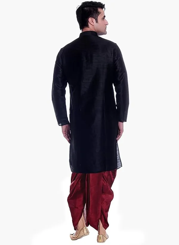 Black_Dupion_Silk_Readymade_Dhoti_Kurta_Set_For_Men