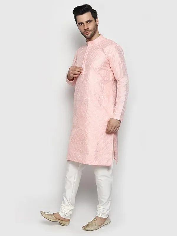 Pink_&_White_Embroidery_Silk_Kurta_Pyjama_Set_For_Men