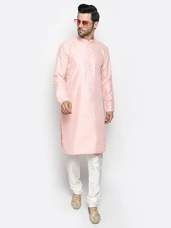 Pink_&_White_Embroidery_Silk_Kurta_Pyjama_Set_For_Men