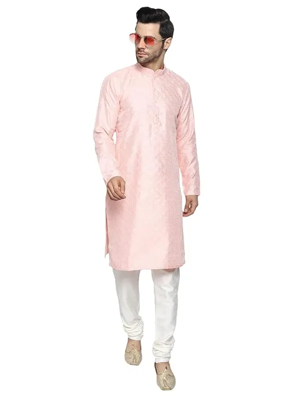 Pink_&_White_Embroidery_Silk_Kurta_Pyjama_Set_For_Men