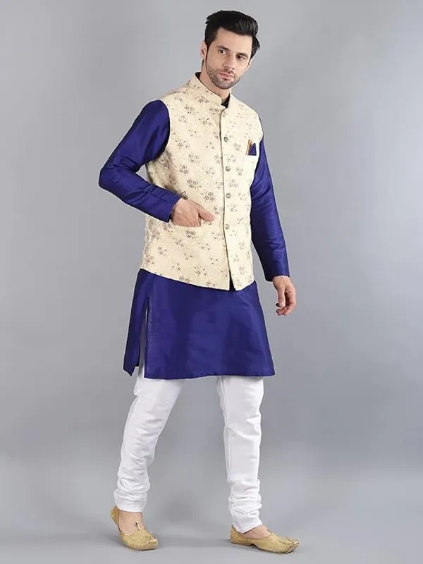 Royal_Blue_&_White_Silk_Blend_Kurta_Pajama_With_Designer_Ethnic_Nehru_Jacket_For_Men