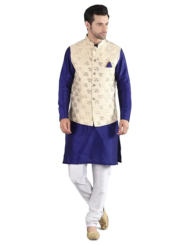 Royal_Blue_&_White_Silk_Blend_Kurta_Pajama_With_Designer_Ethnic_Nehru_Jacket_For_Men