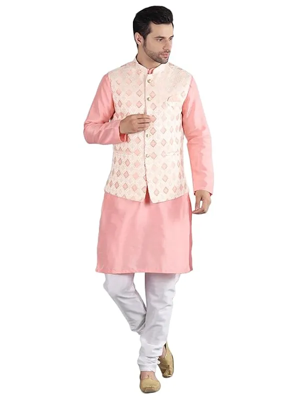 White_&_Pink_Silk_Blend_Kurta_Pajama_With_Designer_Ethnic_Nehru_Jacket_For_Men