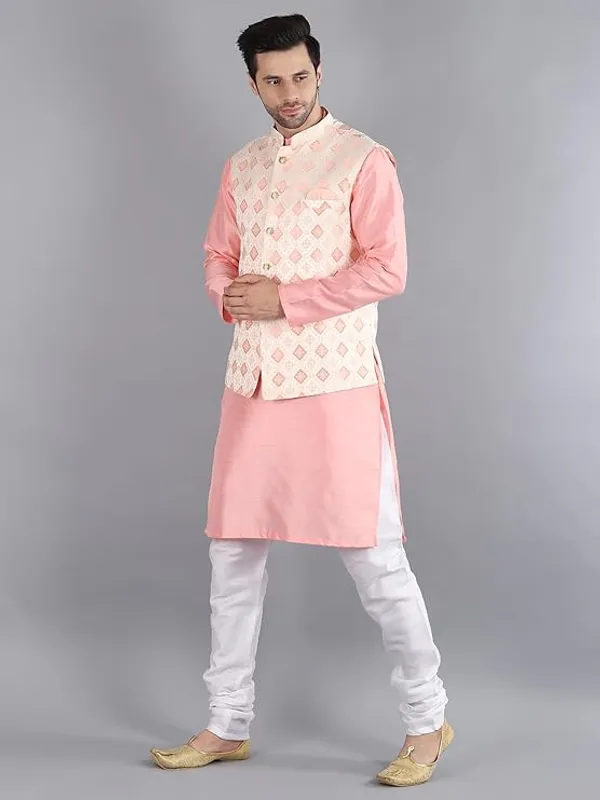 White_&_Pink_Silk_Blend_Kurta_Pajama_With_Designer_Ethnic_Nehru_Jacket_For_Men