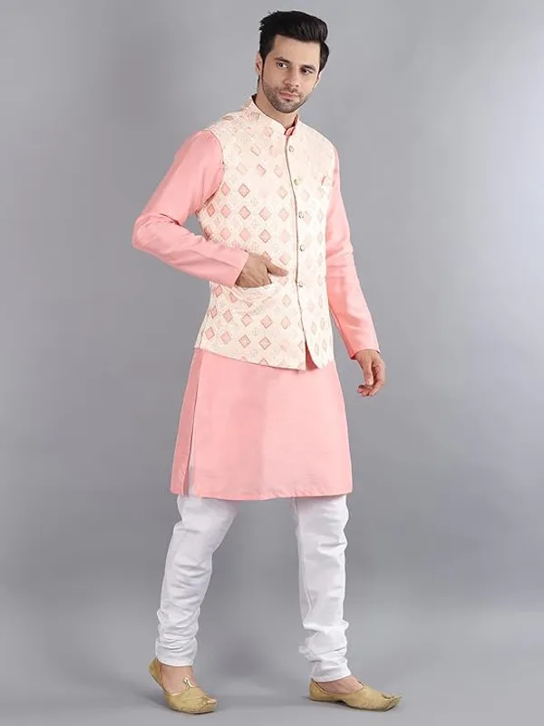 White_&_Pink_Silk_Blend_Kurta_Pajama_With_Designer_Ethnic_Nehru_Jacket_For_Men
