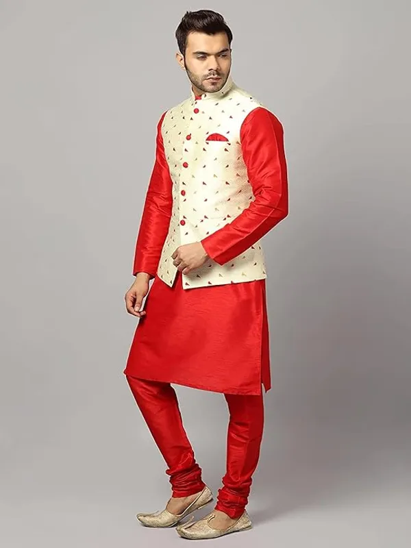 Rered_Silk_Blend_Kurta_Pajama_With_Designer_Ethnic_Nehru_Jacket_For_Men