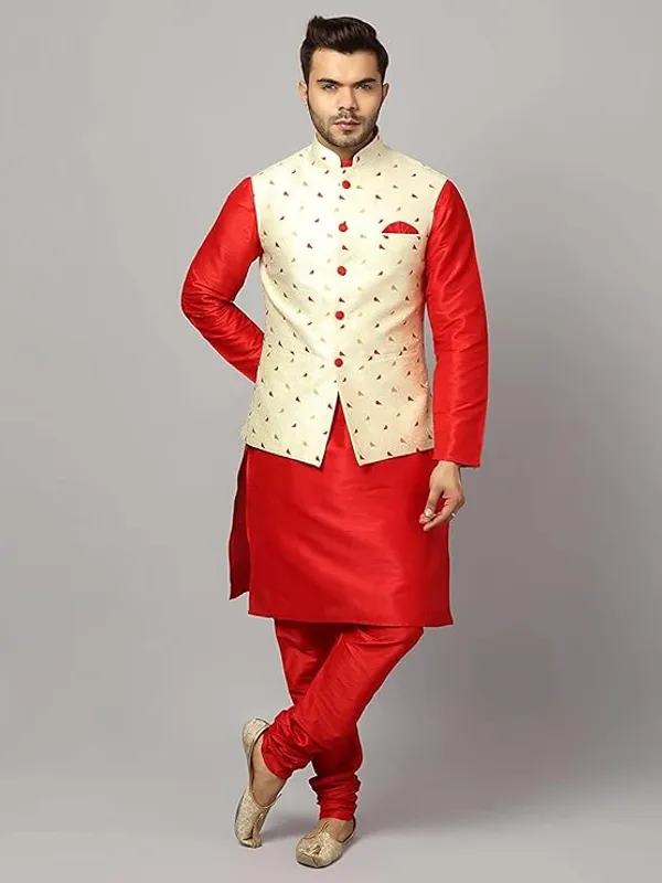 Rered_Silk_Blend_Kurta_Pajama_With_Designer_Ethnic_Nehru_Jacket_For_Men