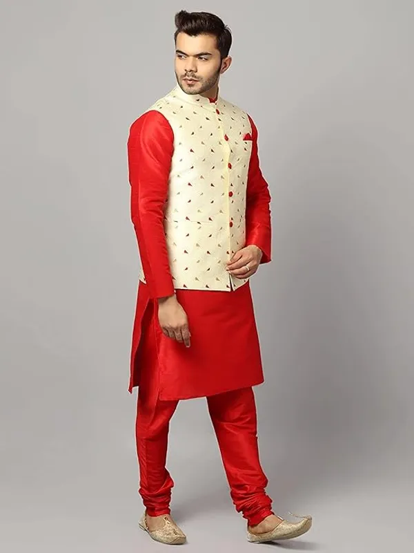 Rered_Silk_Blend_Kurta_Pajama_With_Designer_Ethnic_Nehru_Jacket_For_Men