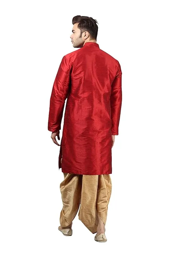 Maroon_&_Khaki_Dupion_Silk_Readymade_Dhoti_Kurta_Set_For_Men