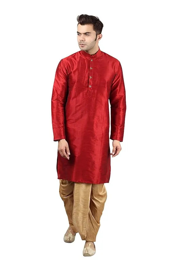 Maroon_&_Khaki_Dupion_Silk_Readymade_Dhoti_Kurta_Set_For_Men